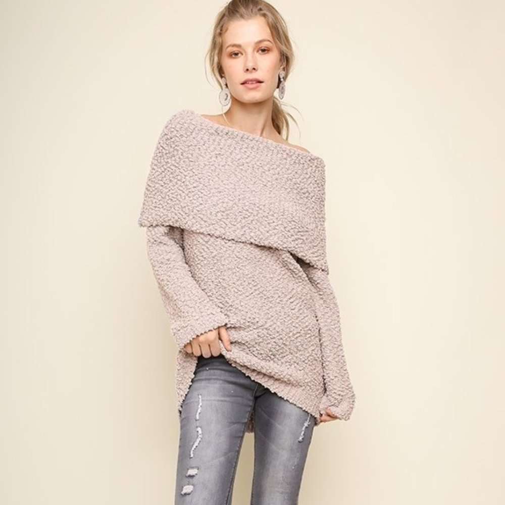 Off Shoulder Popcorn Sweater Top Shirt Cream Blush